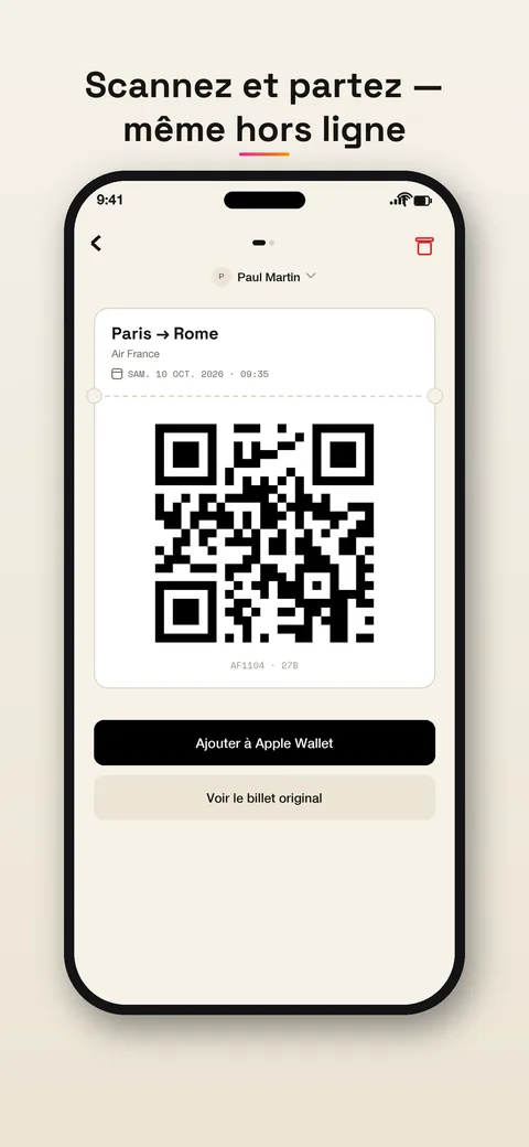 Billet avec QR code, prêt à scanner