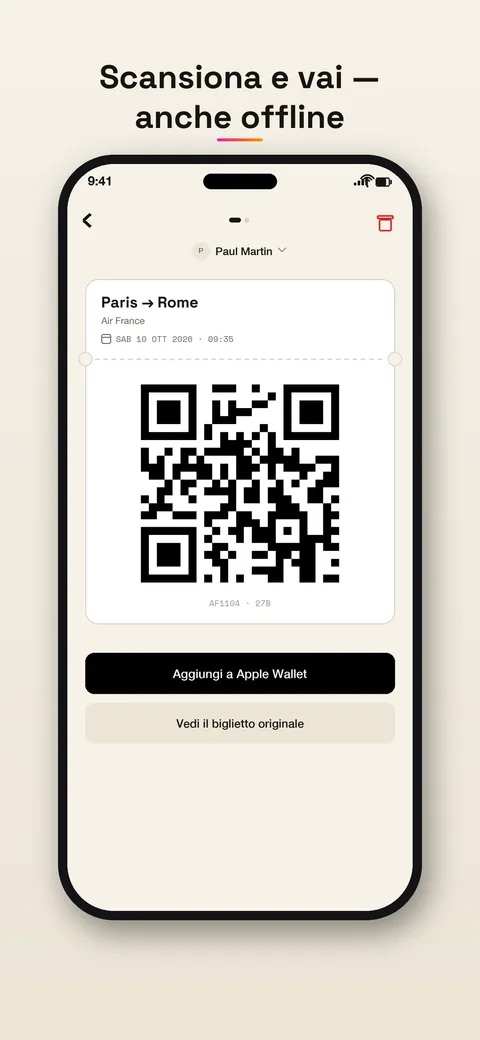 Biglietto con QR code, pronto da scansionare