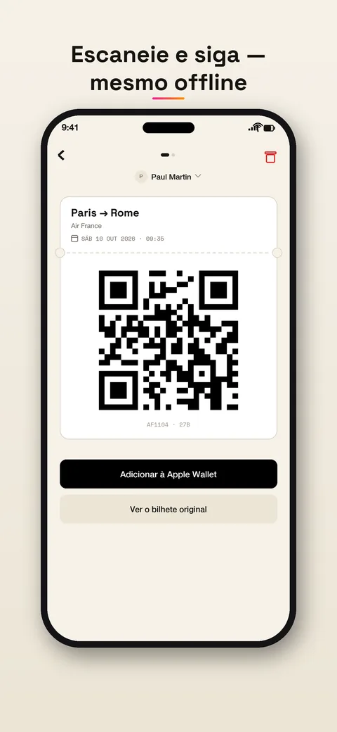 Bilhete com QR code, pronto para escanear